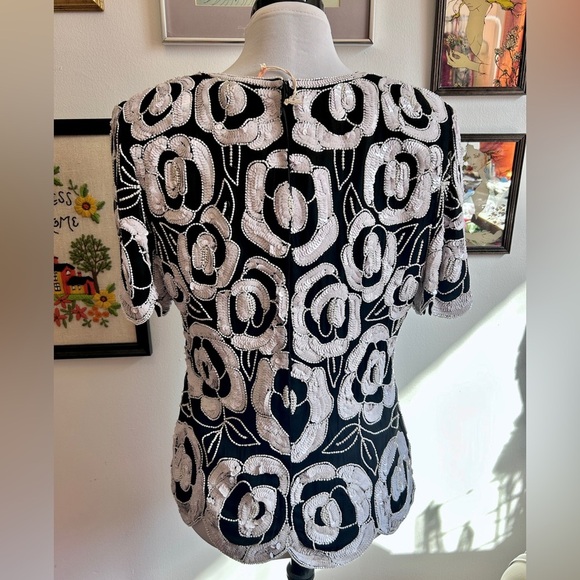 Vintage 1980s Black Silk Beaded Floral Top – Hand Beaded Sequin Evening Blouse - Picture 8 of 8